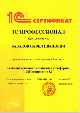 Сертификат 1С профессионал
