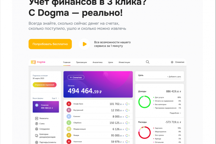 Лендинг, брендинг и разработка сервиса финучета Dogma