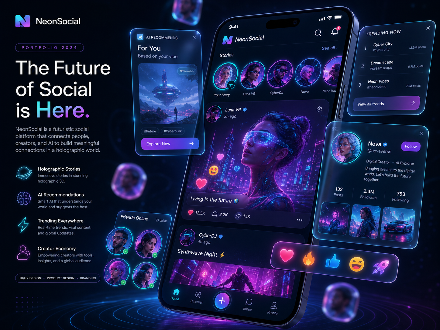 NeonSocial — футуристичный UI/UX дизайн мобильного приложения для соцсети