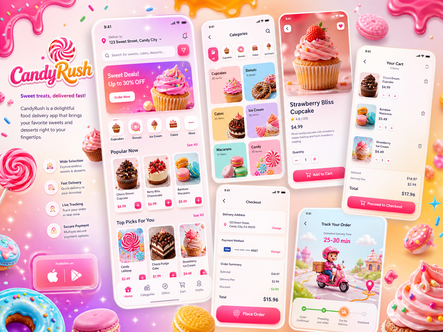 CandyRush — дизайн яркого мобильного приложения для доставки десертов