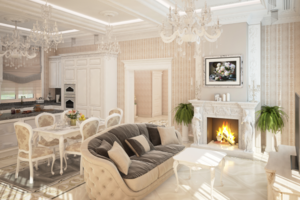 Кухня-гостиная  с камином в коттедже 350 кв.м. в Лен.области